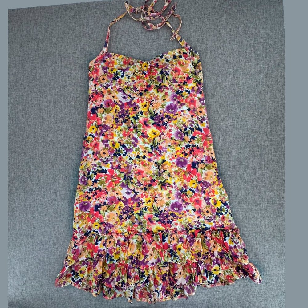 Ann Taylor LOFT Halter Dress Strappy Size 4 Multicolor Viscose & Cotton Ruffled